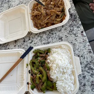 Take out. Bitter melon pork lunch special and a chicken chow fun