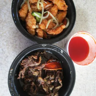 Orange beef and sweet and sour chicken. Very dry. GIven small container of some kind of red sauce. Beef crispy like bacon and no taste.