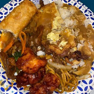 a blue and white plate of food