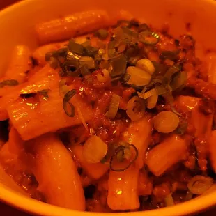 Mapo rigatoni ($14), vegan by default. Savory and filling, though oily.