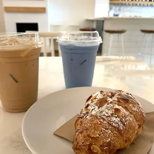 Churro latte, mariposa matcha latte, almond croissant