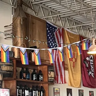 flags hanging from the ceiling