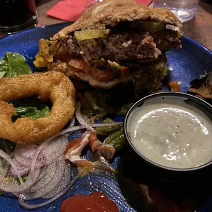 LTC burger with delicious onion rings and ranch-and green Chile w the perfect amount of heat.