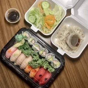 Sushi Regular and steamed gyoza or dumplings! Delish!