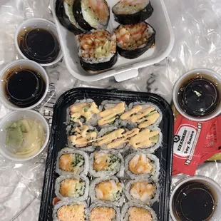 Spicy California roll , spicy crab roll , spicy shrimp roll , crab tempura roll