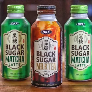 three bottles of black sugar matcha latte