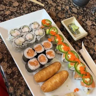 Discovery roll, tofu, salmon roll and shrimp roll