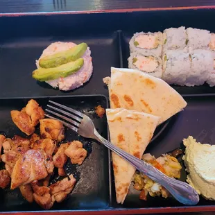 Bento Box 1: Snow Crab, Edamame Hummus, Crunchy Roll, Hibachi Chicken $13.95