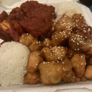 Spicy chicken Katsu &amp; Sesame chicken combo w/ Steamed Rice