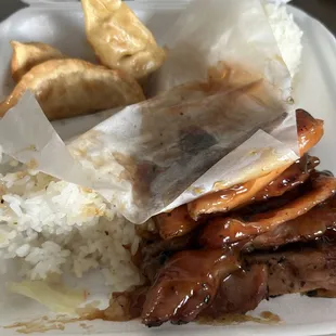 a plate of food with rice and meat