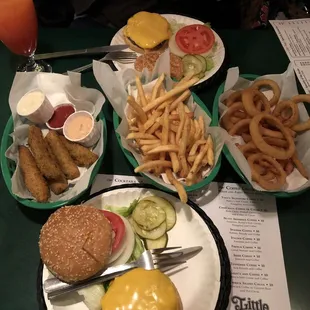Cheeseburger. Fried pickles. French fries. Onion rings.