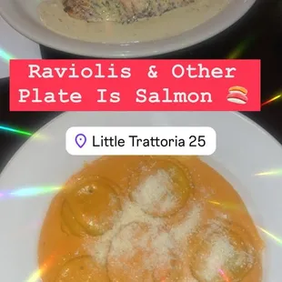 Cheese Ravioli with parmesan cheese, Bake Salmon in butter sauce with veggies
