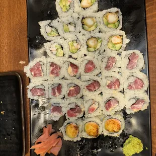 Pick two roll, shrimp tempura roll, tuna roll.