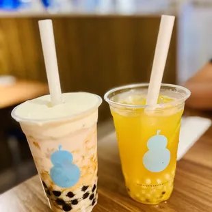 Cream foam rose lychee milk w/ brown sugar boba (left), mint tea w/ chestnut popping boba (right)