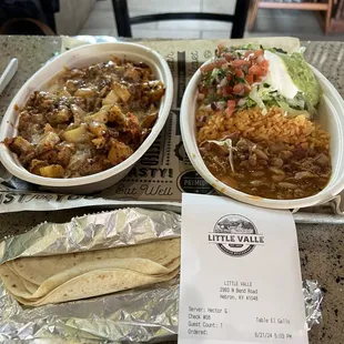 Pollo Valle (chicken, chorizo, pineapple, beans, rice, salad, 3 tortilla wraps)