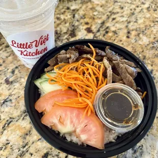 coconut flavored green tea boba drink + pork n roll rice bowl