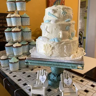 a cake and cupcakes
