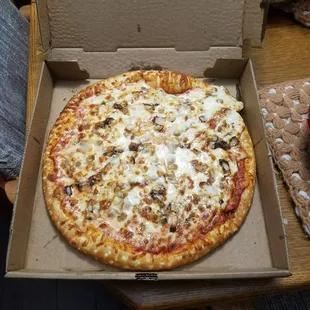 Medium pizza with extra cheese, ground beef and onions.