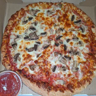 Med pizza w mushrooms, extra sauce on the side