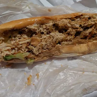 Chicken cheese steak, lettuce, provolone, mayo and fried onions