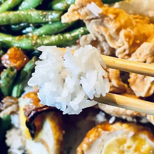 lunchbox--fried chicken, string beans, and eggs over rice. $10 + tax + tip