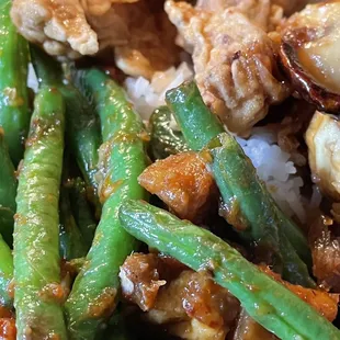 lunchbox--fried chicken, string beans, and eggs over rice. $10 + tax + tip