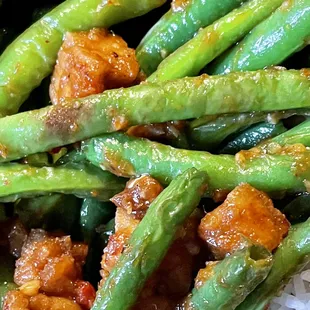 lunchbox--fried chicken, string beans, and eggs over rice. $10 + tax + tip