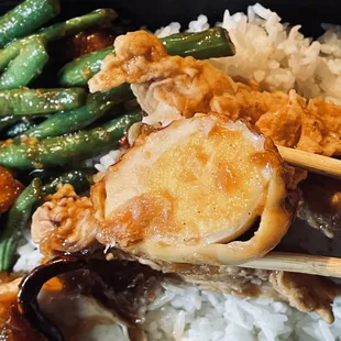 lunchbox--fried chicken, string beans, and eggs over rice. $10 + tax + tip