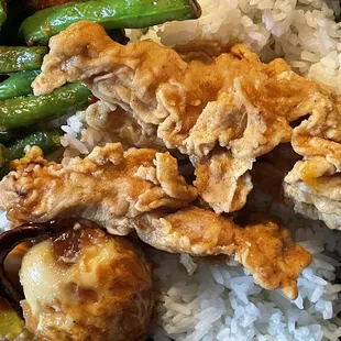 lunchbox--fried chicken, string beans, and eggs over rice. $10 + tax + tip