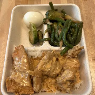 Fried chicken w/ Penang curry. Side of hard boiled egg and mixed veggies. Now $14.10 for the box.