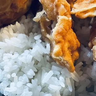 lunchbox--fried chicken, string beans, and eggs over rice. $10 + tax + tip