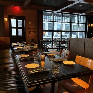 a long table with place settings