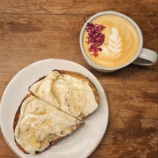 Whipped ricotta toast with special latte of February- Kiss from a Rose