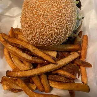 a hamburger and fries