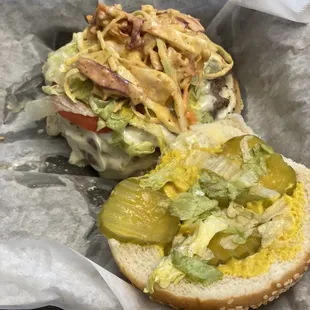 Double cheeseburger with cole slaw on top