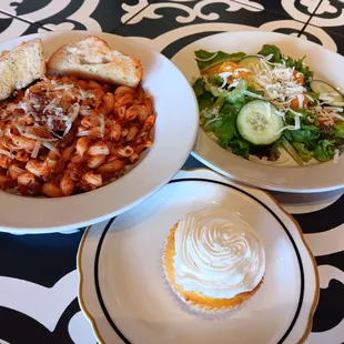 One of our Daily Dinner Special Meals
Goulash, with a side salad and a Lemon Cupcake! 
13.99+ tax and drinks