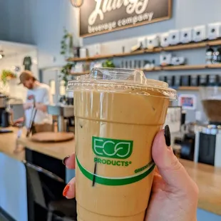 Iced harvest spice latte with oat milk