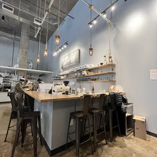 a bar with stools