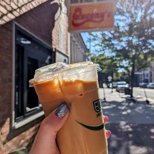 Iced vanilla oat latte from liturgy beverage stop