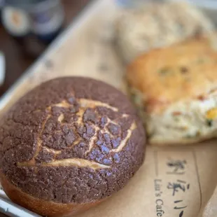 Chocolate bun and cheese and chive biscuit
