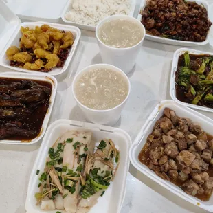 Menu B: Scallop soup, steamed fish, stuffed eggplant, walnut shrimp, rice, minute chicken on noodles, beef broccoli, sweet sour pork