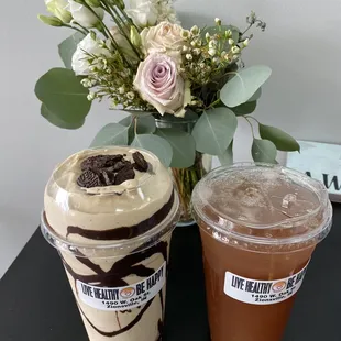 Ores peanut butter cheesecake and peach mango tea