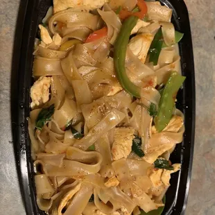 Drunken Noodles Chicken.(Pad Ke Mow)   Amazing!!!!  Comes with nice hot chili oil on the side!  Best I&apos;ve had in years!