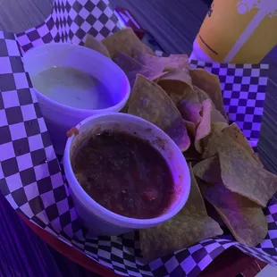 Chips salsa and queso