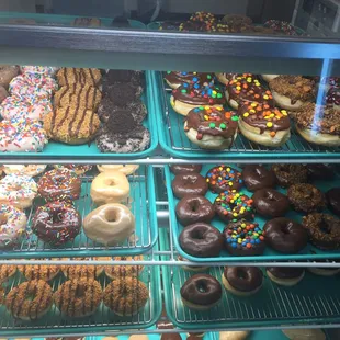 Samoa Girl Scout cookie donuts, M&amp;M donuts, Butterfinger donuts, and Reese's Pieces donuts!