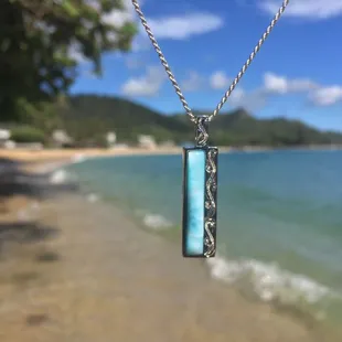Hawaiian Heritage Larimar stone bar necklace. Each stone is unique and hand laid into sterling silver. www.livingalohacreations.com