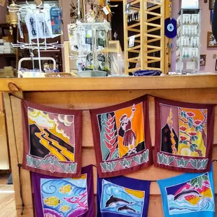 Batik prints and jewelry at the front counter