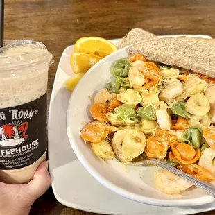 CANJUN SHRIMP PASTA and Caramel Frappe