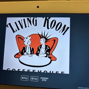 a tv screen with a cartoon of two cats sitting on a chair