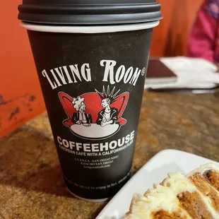 a cup of coffee and a piece of cake